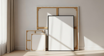 Empty golden picture frames on white wall with natural light minimalist decor
