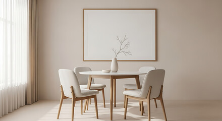 Modern minimalist dining room with wooden table, chairs, and wall art in bright natural light