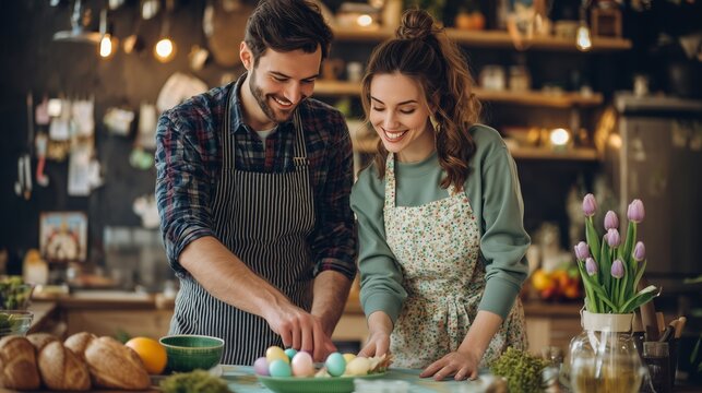 Couple preparing for a festive meal in a cozy kitchen during springtime - Powered by Adobe