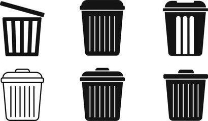 Set of trash bin icons in various solid and outline styles, perfect for user interface design, cleanup symbols, waste management graphics, and modern vector illustrations