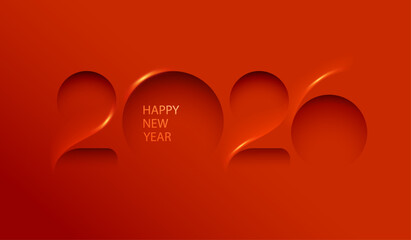 Happy New Year greetings. Elegant festive numbers 2026 on red background. Greeting card with calendar date.