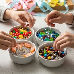 Hands reaching into bowls of colorful candy for crafting and decorating
