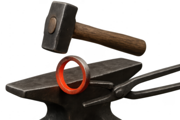 Blacksmith forging hot metal ring on anvil with hammer