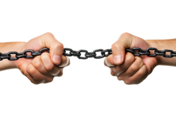 strong male hands pulling on iron chain isolated on white or transparent png