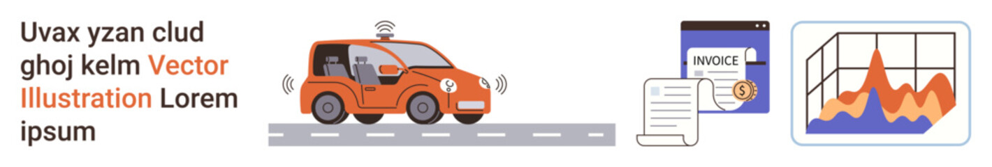 Naklejka premium Autonomous driving, technology, data analysis, automation, business tools, finance. Self-driving car with sensors, digital invoice and analytics graph. Autonomous driving and technology