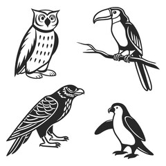 Fototapeta premium Set of black and white wild birds isolated on transparent background including owl, toucan, raven, and penguin ready for use in various design projects