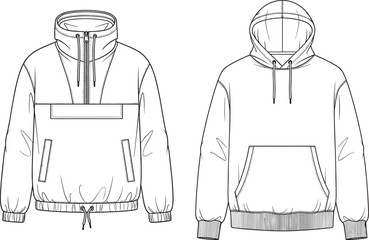 Technical flat sketch vector illustration of anorak windbreaker jacket and pullover hoodie, featuring drawstrings, elastic cuffs, and kangaroo pockets for streetwear apparel design. © Farzana
