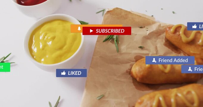 UI icons popping over mustard starting badges flowing across bowls, corn dogs fading showing likes