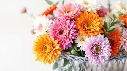 A vibrant bouquet of colorful gerbera daisies in a woven basket