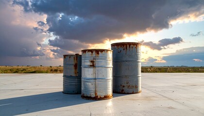 “Three metallic barrels on sandy beach at sunset with colorful sky and calm water”