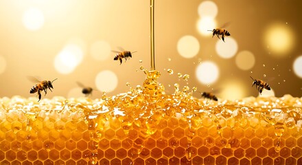 Honey Dripping into Honeycomb with Bees Flying Around Keywords: honey, honeycomb, bees, dripping, sweet, liquid, golden, natural, food, insect, apiary