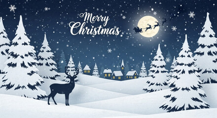 Fototapeta premium A minimalist, paper-cut style illustration featuring a snowy night scene with silhouettes of pine trees, a distant village, Santa's sleigh, and a reindeer against a dark blue background and a bright f