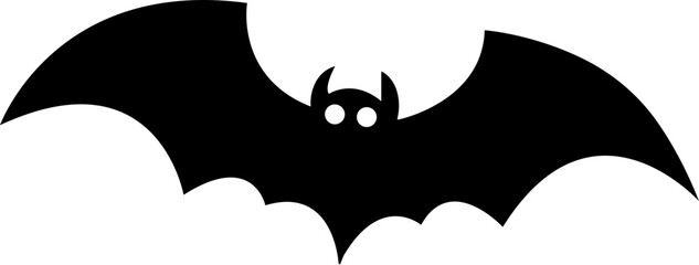 Cartoon bat flying vampire icon in black flat style. Graphic vector illustration depicting halloween animal creature silhouette label design element spooky scary night symbol.