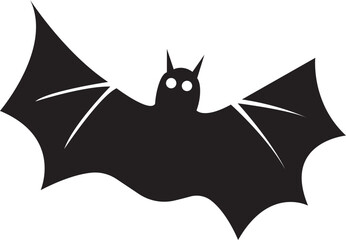 Cartoon bat flying vampire icon in black flat style. Graphic vector illustration depicting halloween animal creature silhouette label design element spooky scary night symbol.