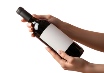 Closeup Female hands holding bottle of wine on transparent background