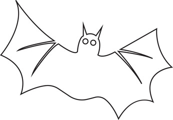 Cartoon bat flying vampire icon in black outline style. Graphic vector illustration depicting halloween animal creature silhouette line design element spooky scary night symbol.