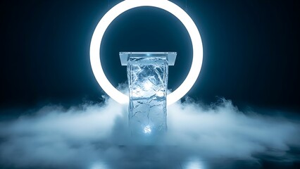 Abstract ice sculpture illuminated by a glowing ring of light and fog