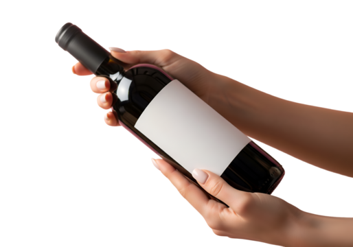 Closeup Female hands holding bottle of wine on transparent background - Powered by Adobe