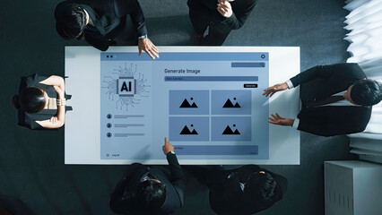 A diverse group of business professionals engage in a creative discussion around an innovative technology interface, focusing on artificial intelligence image generation. Trope