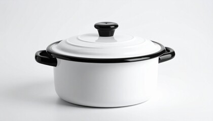 &ldquo;White enamel cooking pot with black trim and lid on neutral background&rdquo;
