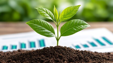 Plant seedling growing from soil with business growth chart