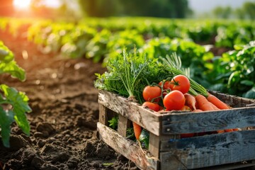 Wooden crate filled with fresh organic vegetables with soil dirt on them, carrots and tomatoes, sitting on the ground in a farm field, sun flare coming from the corner, dramatic shadows, vibrant color