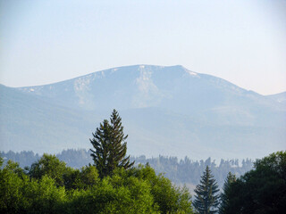 View to mountain, forest and blue sky