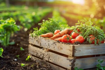 Wooden crate filled with fresh organic vegetables with soil dirt on them, carrots and tomatoes, sitting on the ground in a farm field, sun flare coming from the corner, dramatic shadows, vibrant color
