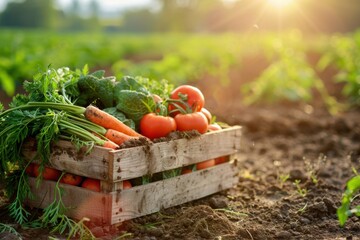 Wooden crate filled with fresh organic vegetables with soil dirt on them, carrots and tomatoes, sitting on the ground in a farm field, sun flare coming from the corner, dramatic shadows, vibrant color