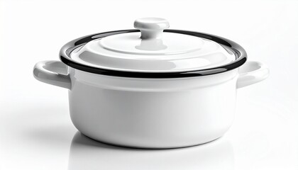 &ldquo;White enamel cooking pot with black trim and lid on neutral background&rdquo;
