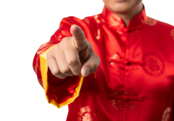 Closeup hand Chinese man pointing with red costume in Chinese New Year traditional Lunar festival on transparent background 