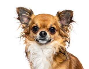 Headshot of a long-haired Chihuahua dog with brown fur and white chest, isolated against a bright white background
