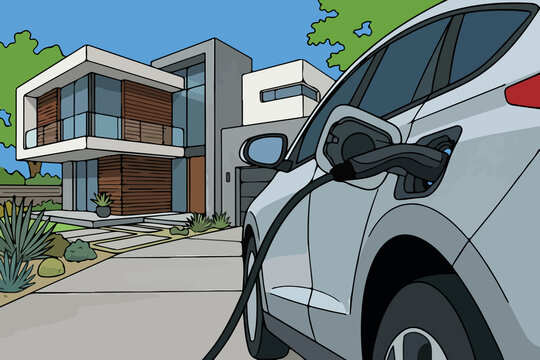 Modern electric car charging at home in a contemporary driveway