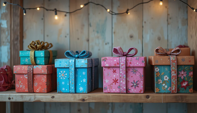 colorful, presents, gift boxes, wooden shelves, string lights, retro, vintage, festive, warm lighting, Christmas, winter, cozy, 4K and HD Image