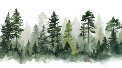 Obraz premium Minimalist watercolor forest landscape featuring softly painted evergreen trees against a clean white background
