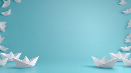 White origami paper boats on a blue background, conveying themes of creativity, playfulness, and adventure for artistic or inspirational projects.