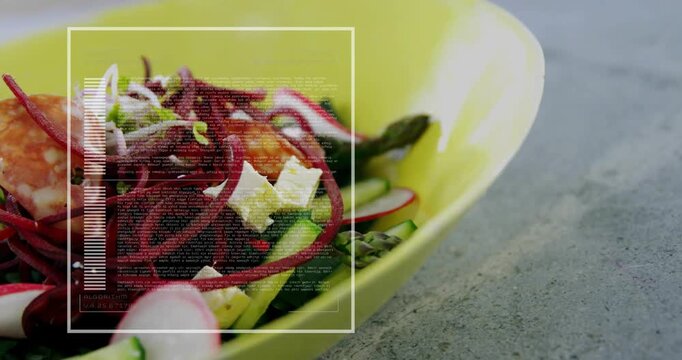 Overlay appearing triggers green salad zooming in, text moving and level rising showing ingredients