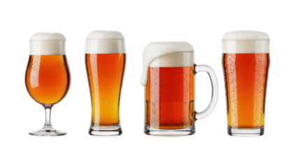 Set of four glasses with fresh craft beer on a transparent background