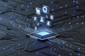Microprocessor on a dark circuit board emitting blue light with transparent digital service icons hovering above, symbolizing advanced computing and data processing