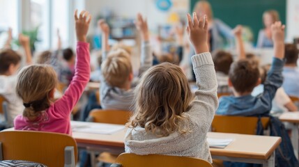 Students raising hands actively participating in a classroom lesson