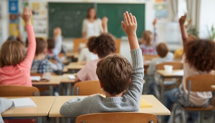 Students raising hands, participating in a school lesson with their teacher