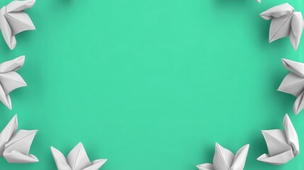 White Paper Flowers Arranged in a Circle on a Solid Teal Background for Elegant and Minimalistic Design Concepts