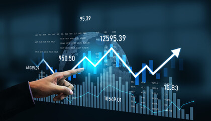 A professional hand points at a digital display showing financial graphs and charts to illustrate market trends, investment growth, and data analysis technology. Scalp