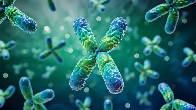 Vibrant human chromosome structure a detailed 3d render showing multiple x-shaped chromosomes in bright green and blue against a blurred background of more genetic material representing genomics - Powered by Adobe