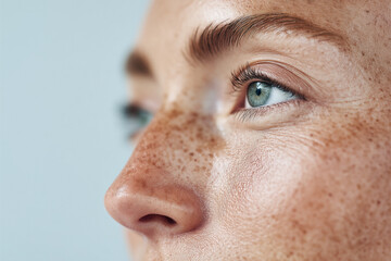 An extreme close-up profile of a woman&rsquo;s face, highlighting the natural texture of her skin, visible pores, fine lines, and delicate freckles, against a soft, neutral background