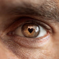 Detailed close-up photograph of a realistic human eye where the pupil forms a heart shape, representing concepts of love, romance, and emotional connection.