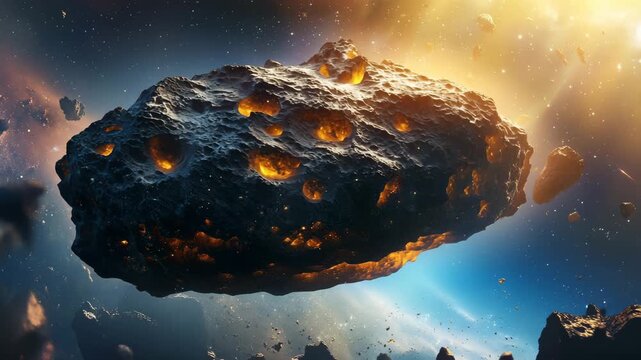 Space scene with big asteroid, many small meteors, and bright sun