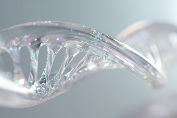 Highly detailed translucent DNA double helix structure suspended against a blurred light background, symbolizing genetic research, hereditary disease treatment and genomic medicine.