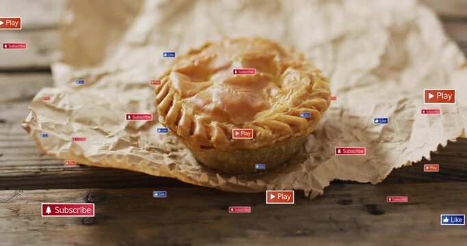 UI badge burst starting at edges, floating inward and circling pie, representing social engagement