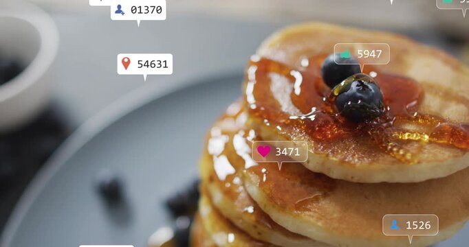 Pancake stack receiving syrup stream, notification badges appearing and clustering, showing buzz
